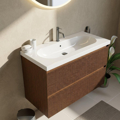 Saniclass Holz Atelier Ensemble meuble de salle de bains - 100x45x63.5cm - Lavabo en céramique Palermo blanc - 1 vasque - 1 trou de robinetterie - 2 tiroirs - walnut pure mat (bois)