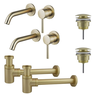 FugaFlow Eccelente Sobrado Slim Kit robinet lavabo - pour double vasque - robinet rehaussé - bonde clic clac - siphon design bas - Laiton brossé PVD