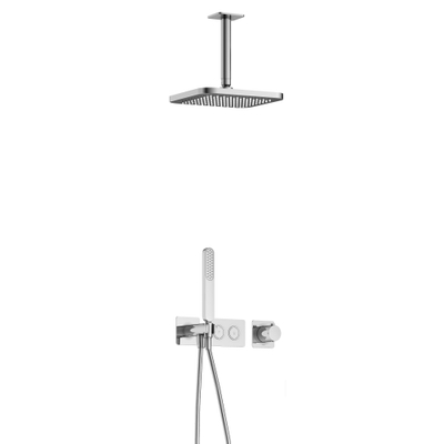 Hotbath Gmetal IBS41 Ensemble de douche complet encastré - thermostatique - 2 boutons poussoirs - bras plafond de 15 cm - douche principale carrée de 22 cm - douchette à main - chrome