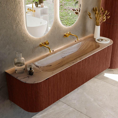 MONDIAZ KURVE-DLUX Meuble de salle de bains 170cm arrondi Gauche + Droite couleur Ruby avec 1 tiroir et 2 portes. Lavabo BIG LARGE Central sans trou de robinet Arena.