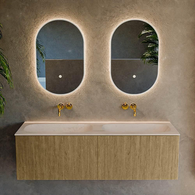 MONDIAZ KURVE-DLUX Meuble de salle de bains 140cm couleur Dusk avec 2 tiroirs et 0 porte. Lavabo STOR SMALL Double sans trou de robinet Meli.