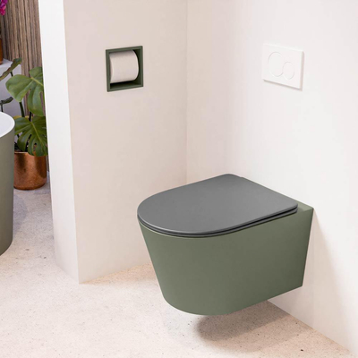 Mondiaz LAVIE hangtoilet – spoelrandloos – 36 x 53 cm – met softclose zitting – Army (groen), zitting Dark grey (grijs)
