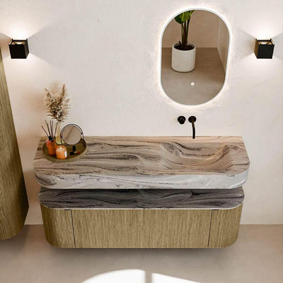 MONDIAZ THOR-DLUX 150cm meuble de salle de bains arrondi gauche + droite couleur Dusk avec 1 tiroir et 2 portes. Vasque suspendue CLOUD droite sans trou de robinet couleur Sombra.