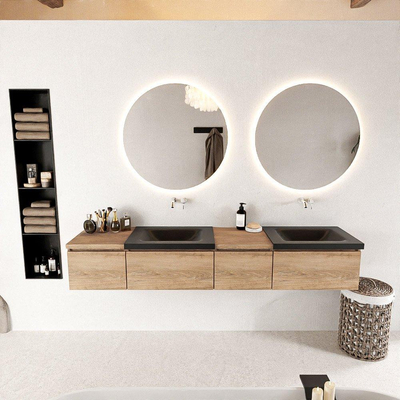 MONDIAZ BUKLA 200cm badmeubel met module 40 rechts kleur Washed Oak met 4 lades. Wastafel CLOUD dubbel 0 kraangaten kleur Urban.