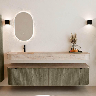 MONDIAZ THOR-DLUX Meuble de salle de bains 190cm arrondi gauche + droite couleur Shadow avec 2 tiroirs et 2 portes. Vasque suspendue CLOUD Gauche 1 trou de robinet couleur Saba.