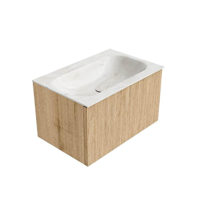 MONDIAZ KURVE-DLUX Meuble de salle de bains 70 cm couleur Oak avec 1 tiroir. Lavabo BIG SMALL central sans trou de robinet couleur Ostra.