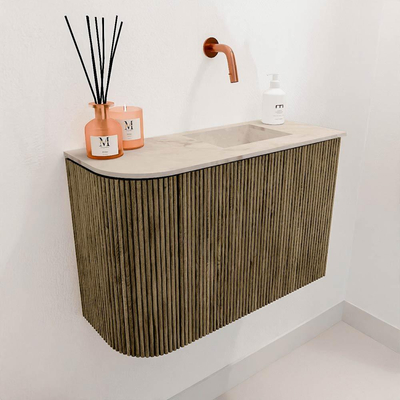 Mondiaz JOYA-DLUX 61.6cm toiletmeubel - ronding links kleur Dusk - Wastafel FAYE positie Rechts Zonder kraangat kleur Frappe.