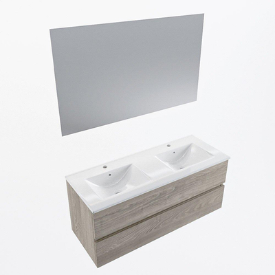 Mondiaz VICA ensemble de meuble de salle de bain - 120cm - meuble sous-vasque marron clair gris - 2 tiroirs - lavabo denia double - 2 trous de robinet - couleur Blanc Brillant - miroir LED - version XL 60cm de haut