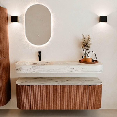 MONDIAZ THOR-DLUX 140cm meuble de salle de bains arrondi gauche + droite couleur Ruby avec 1 tiroir et 2 portes. Vasque suspendue CLOUD gauche 1 trou de robinet couleur Nata.