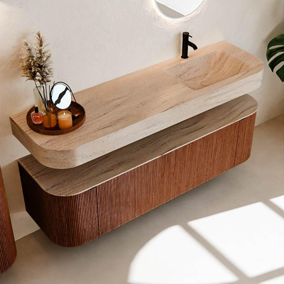 MONDIAZ THOR-DLUX 160cm meuble de salle de bains arrondi gauche + droite couleur Ruby avec 1 tiroir et 2 portes. Vasque suspendue CLOUD Droite 1 trou de robinet couleur Saba.