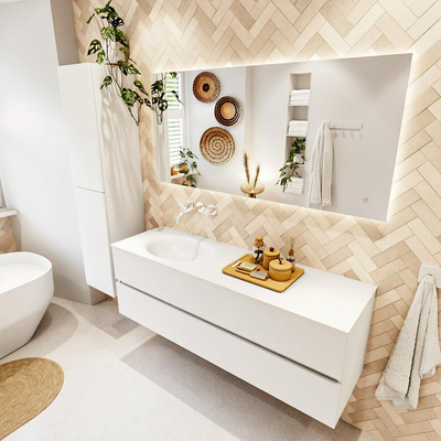 MONDIAZ VICA meuble sous lavabo 150cm Talc 2 tiroirs. Lavabo MOON gauche sans trou de robinet, couleur Talc.