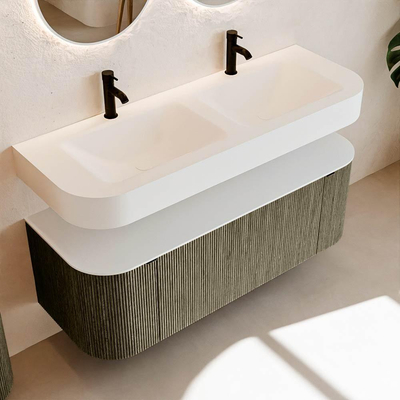 MONDIAZ THOR 130cm meuble de salle de bains arrondi gauche + droite couleur Shadow avec 1 tiroir et 2 portes. Vasque suspendue CLOUD Double 2 trous de robinet couleur Talc.