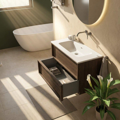 Saniclass Holz Frame Ensemble de meubles de salle de bains - 100x45x77.5cm - lavabo Torino en solid surface blanc - sans trou de robinetterie - 2 tiroirs - chêne charcoal mat (bois)