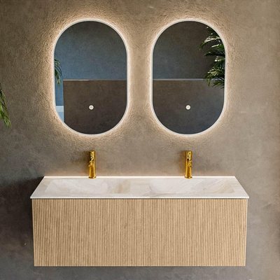 MONDIAZ KURVE-DLUX 120cm badmeubel kleur Oak met 1 lade. Wastafel LEAF dubbel 2 kraangaten kleur Frappe.