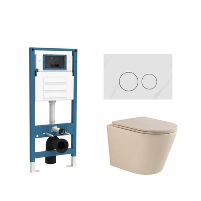QeramiQ Dely Ensemble de toilette - réservoir encastré Qeramiq Flush - abattant slim - plaque de commande en pierre naturelle marbre blanc - boutons ronds - beige