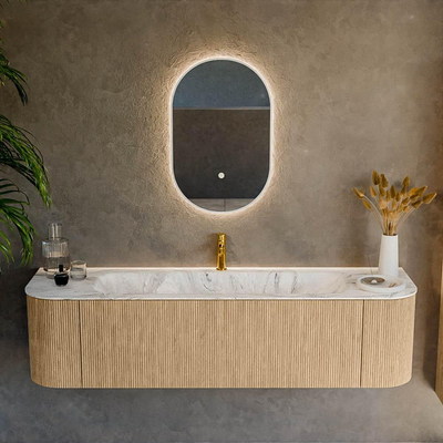 MONDIAZ KURVE-DLUX 170cm Meuble salle de bain avec module 25 G et D - couleur Oak - 1 tiroir - 2 portes - vasque BIG LARGE centre - 1 trou de robinet - couleur Glace