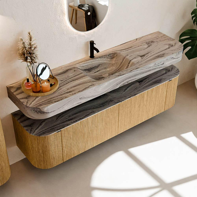 MONDIAZ THOR-DLUX 180cm badmeubel ronding links + rechts kleur Oak met 2 lades en 2 deuren. Vrijhangende wastafel CLOUD Midden 1 kraangat kleur Sombra.