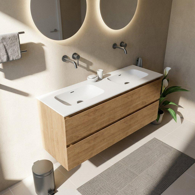 Saniclass Holz Pure Ensemble de meubles de salle de bains - 140x45x61.5cm - lavabo Flow en solid surface blanc - 2 vasques - sans trous de robinetterie - 4 tiroirs - chêne naturel mat (bois)