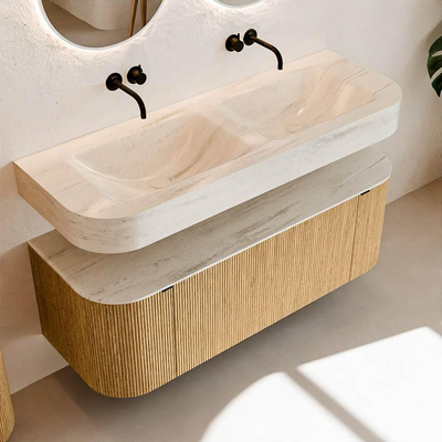 MONDIAZ THOR-DLUX 130cm badmeubel ronding links + rechts kleur Oak met 1 lade en 2 deuren. Vrijhangende wastafel CLOUD Dubbel zonder kraangat kleur Meli.