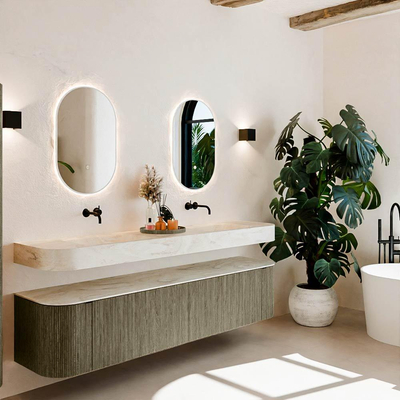 MONDIAZ THOR-DLUX 200cm meuble de salle de bains arrondi gauche + droite couleur Shadow avec 2 tiroirs et 2 portes. Vasque suspendue CLOUD Double sans trou de robinet couleur Ostra.