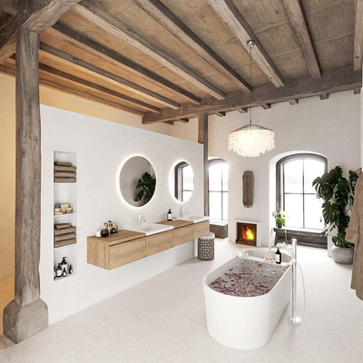 MONDIAZ BUKLA 240cm ensemble de meuble avec module 60 gauche couleur Chêne blanchi avec 4 tiroirs. Lavabo CLOUD double 2 trous de robinet couleur Talc.