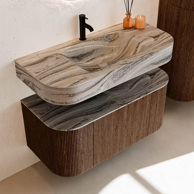 MONDIAZ THOR-DLUX 100cm meuble de salle de bains arrondi gauche + droite couleur Walnut avec 1 tiroir et 2 portes. Vasque suspendue CLOUD Milieu 1 trou de robinet couleur Sombra.