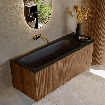 MONDIAZ KURVE 125cm Meuble salle de bain avec module 25 D - couleur Walnut - 1 tiroir - 1 porte - vasque BIG MEDIUM gauche - sans trous de robinet - Urban