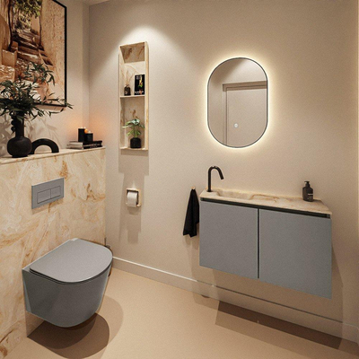 MONDIAZ TURE-DLUX Meuble toilette - 80cm - Smoke - EDEN - vasque Frappe - position gauche - 1 trou de robinet