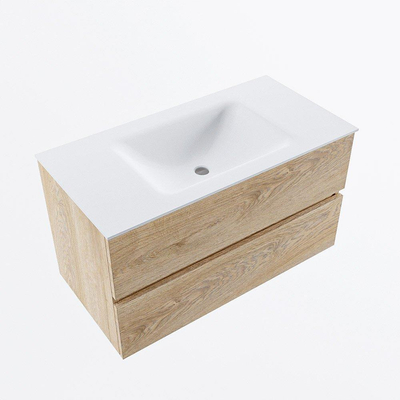 Mondiaz VICA ensemble de meuble de salle de bain - 90cm - meuble sous-vasque chêne blanchi - 2 tiroirs - lavabo nuage milieu - 1 trou de robinet - version haute 60cm - talc