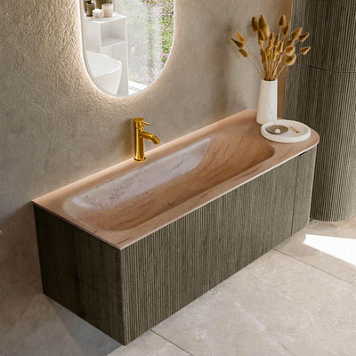 MONDIAZ KURVE-DLUX Meuble de salle de bains 125cm arrondi Droit couleur Shadow avec 1 tiroir et 1 porte. Lavabo BIG MEDIUM Gauche 1 trou de robinet Saba.