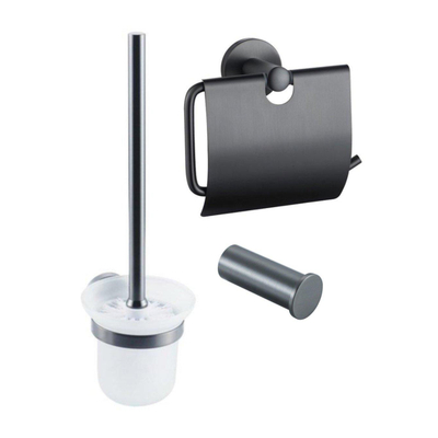 Fortifura Calvi Toiletset 3-delig - toiletrolhouder - met klep - toiletborstel - handdoekhaak enkel rond - PVD - geborsteld gunmetal (antraciet)