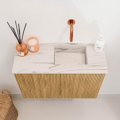 Mondiaz JOYA-DLUX 60cm toiletmeubel - kleur Oak - Wastafel FAYE positie Rechts Zonder kraangat kleur Nata.