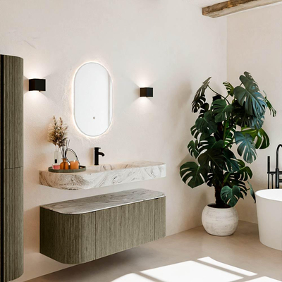 MONDIAZ THOR-DLUX 120cm meuble de salle de bains arrondi gauche + droite couleur Shadow avec 1 tiroir et 2 portes. Vasque suspendue CLOUD Milieu 1 trou de robinet couleur Glace.