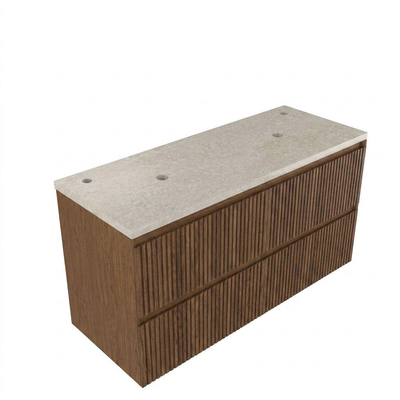 Saniclass Holz Atelier Ensemble de meubles de salle de bains - 120x45x63cm - Plan de travail en pierre naturelle travertin - 2 trous de robinet - 2 tiroirs - noyer pur mat (bois)