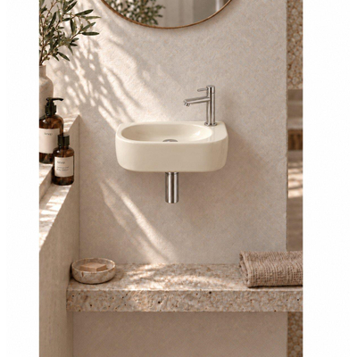 QeramiQ Fuente fonteinset – halfrond – 40x21.5x12 cm – keramiek beige – kraangat rechts – kraan geborsteld RVS