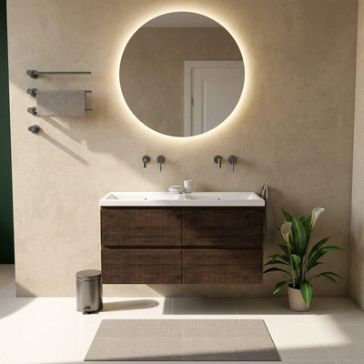 Saniclass Holz Atelier Ensemble de meubles de salle de bains - 120x45x63.5cm - lavabo en céramique Bari blanc - 2 vasques - sans trous de robinetterie - 2 tiroirs - chêne charcoal mat (bois)