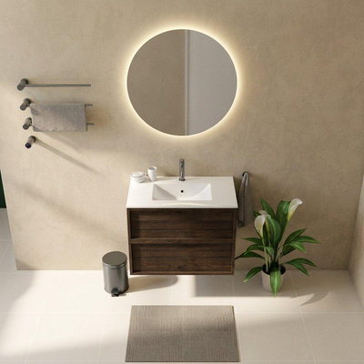 Saniclass Holz Frame Ensemble de meubles de salle de bains - 80x45x62cm - Vasque en céramique Vygo blanche - 1 vasque - 1 trou de robinetterie - 2 tiroirs - chêne charcoal mat (bois)