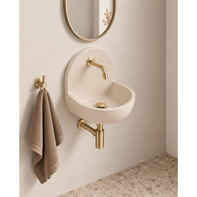 Saniclass Fuente pack lave-mains – demi-rond – 46,5 x 35 x 43,2 cm – Solid Surface crème – robinet doré brossé