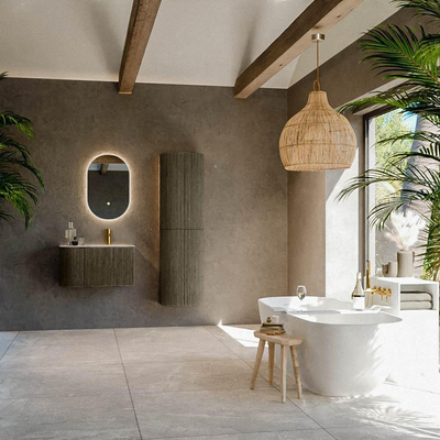 MONDIAZ KURVE-DLUX Meuble de salle de bains 75cm arrondi à gauche couleur Shadow avec 1 tiroir et 1 porte. Lavabo GRUNNE à droite 1 trou de robinet Meli.