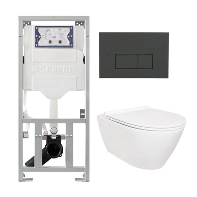 QeramiQ Salina Toiletset - rimless - Geberit inbouwreservoir - diepspoel wandcloset - softclose - quickrelease - bedieningspaneel - met bedieningsplaat antraciet mat - rechthoekige knoppen - wit glans
