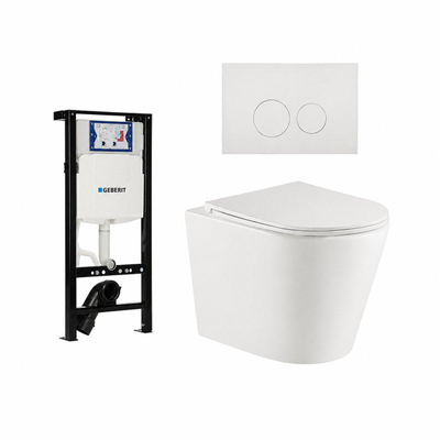 QeramiQ Dely Toiletset - 36.3x51.7cm - diepspoel - rimless - Geberit UP320 plieger inbouwreservoir - softclose toiletzitting - mat witte bedieningsplaat - ronde knoppen - mat wit