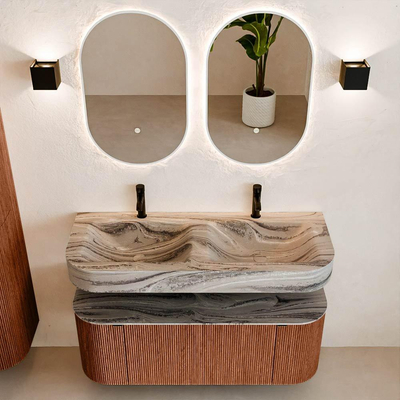 MONDIAZ THOR-DLUX 120cm badmeubel ronding links + rechts kleur Ruby met 1 lade en 2 deuren. Vrijhangende wastafel CLOUD Dubbel 2 kraangaten kleur Sombra.