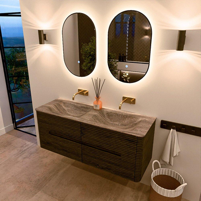 Mondiaz CIRO-DLUX Badkamermeubelset - 130x45x50cm - Solid surface wastafel Oza - 2 wasbak Dubbel - zonder kraangaten - 4 lades - Shadow