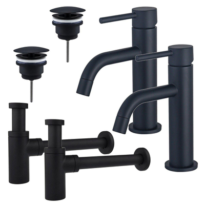 FortiFura Calvi Kit robinet lavabo - pour double vasque - robinet bas - bonde non-obturable - siphon design - Noir mat