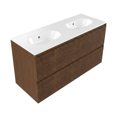 Saniclass Holz Atelier Ensemble de meubles de salle de bains - 120x45x74cm - lavabo Chaci en céramique blanc - 2 vasques - sans trous de robinetterie - 2 tiroirs - walnut pure mat (bois)