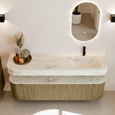 MONDIAZ THOR-DLUX Meuble de salle de bains 170cm arrondi gauche + droite couleur Dusk avec 1 tiroir et 2 portes. Vasque suspendue CLOUD Droite 1 trou de robinet couleur Ostra.