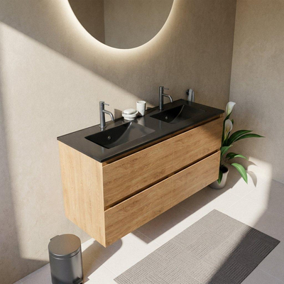 Saniclass Holz Pure Ensemble de meubles de salle de bains - 120x45x62cm - Vasque Vygo en céramique noire - 2 vasques - 2 trous de robinetterie - 4 tiroirs - chêne naturel mat (bois)