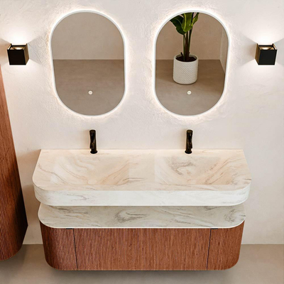 MONDIAZ THOR-DLUX Meuble de salle de bains 140cm arrondi gauche + droite couleur Ruby avec 1 tiroir et 2 portes. Vasque suspendue CLOUD Double 2 trous de robinet couleur Ostra.