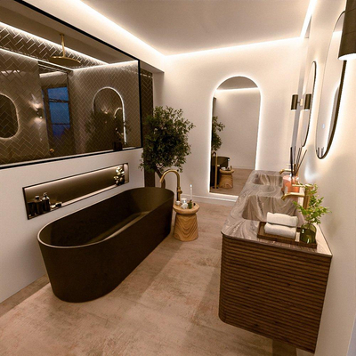 Mondiaz CIRO-DLUX Badkamermeubelset - 180x45x50cm - Solid surface wastafel Sombra - 2 wasbak Dubbel - 2 kraangaten - 4 lades - Dusk