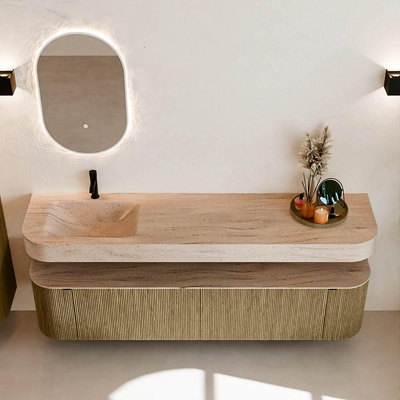 MONDIAZ THOR-DLUX 190cm meuble de salle de bains arrondi gauche + droite couleur Dusk avec 2 tiroirs et 2 portes. Vasque suspendue CLOUD Gauche 1 trou de robinet couleur Saba.